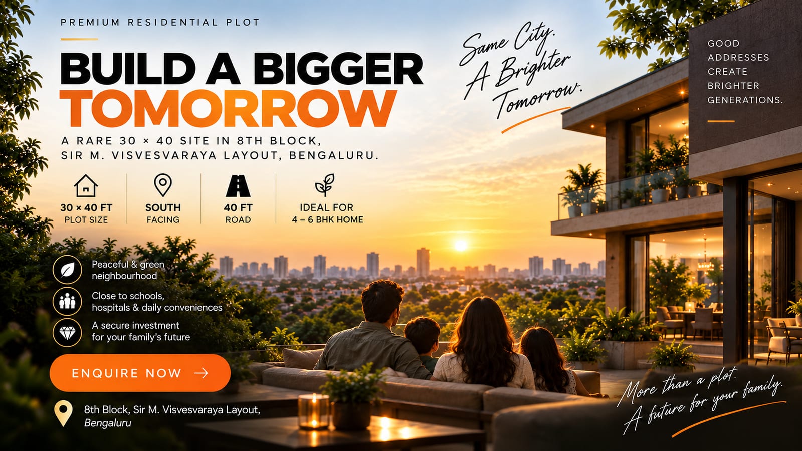 Marketing visual for the 8th Block residential opportunity — a family home at sunset on your own land