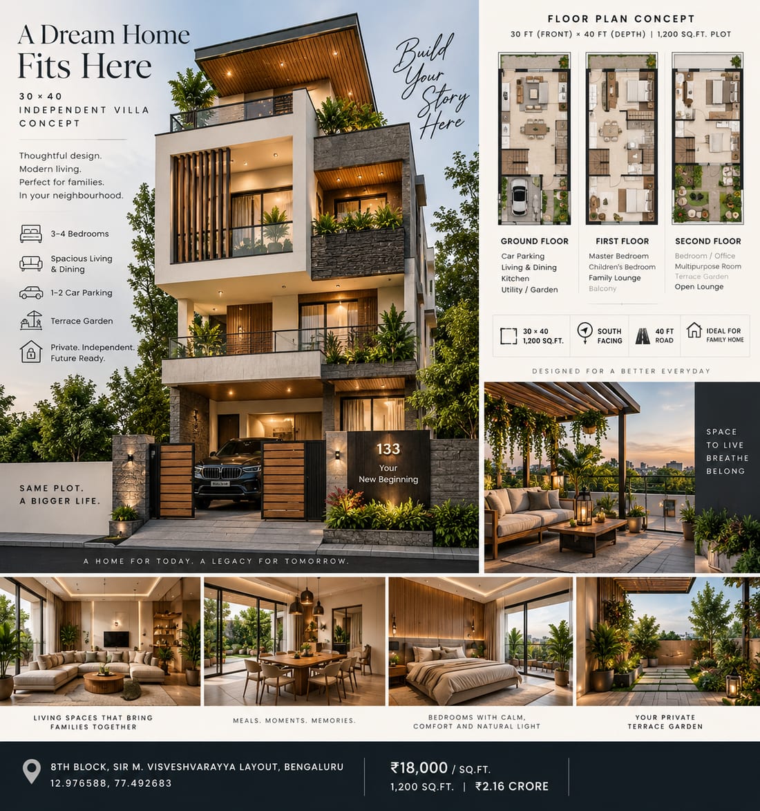 Indicative floor plan concept across ground, first and second floors for a 30 × 40 ft plot