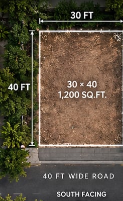 Indicative site layout of the 30 × 40 ft, 1,200 sq.ft. south-facing plot on a 40-ft road